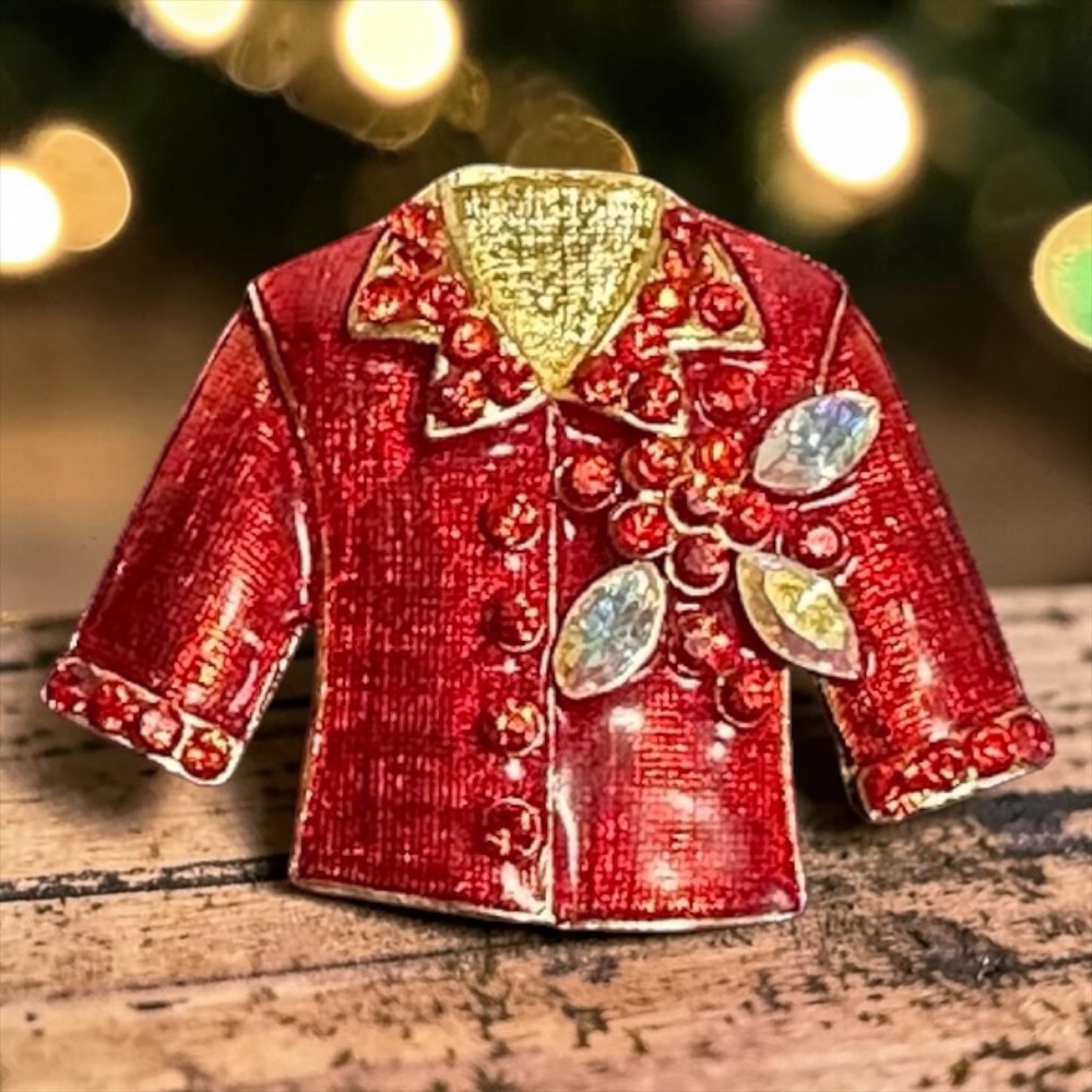Jacket Brooch Gold Tone Red Enamel Rhinestone Novelty Pin